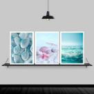 Kit 3 Quadros Praia Mar Azul E Rosa 33x24cm - com vidro