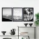 Kit 3 Quadros Praia Preto E Branco Resiliência 24x18cm - com vidro