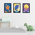 Kit 3 Quadros Quarto Infantil Tema Animais Marinhos 24x18cm - com vidro