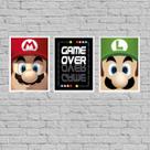 Kit 3 Quadros Vídeo Game Personagens 33x24cm - com vidro Kit 3 Quadros Vídeo Game Personagens 33x24cm - com vidro