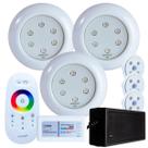 Kit 3 Refletores Led 9w RGB ABS e Comando para Iluminação Piscina Vinil