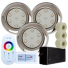 Kit 3 Refletores Led 9w RGB Inox S e Adaptadores Cano 50mm e Comando para Iluminação Piscina