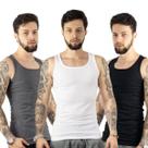 Kit 3 Regata Branca / Cinza e Preta Masculina Premium Modelo Americano Ribana Canelada Algodão e Elastano Gola Quadrada Kit 3 Regata Branca / Cinza e Preta Masculina Premium Modelo Americano Ribana Canelada Algodão e Elastano Gola Quadrada