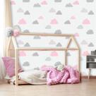Kit 3 Rolos Papel de Parede Baby Nuvens Cute Cinza e Rosa