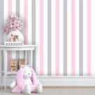 Kit 3 Rolos Papel de Parede Rosa Listrado, Branco e Cinza
