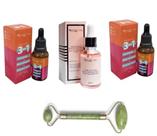 Kit 3 Sérum Facial: 2 sérum (3 em 1), 1 sérum Rosa Mosqueta e rolo massageador Kit 3 Sérum Facial: 2 sérum (3 em 1), 1 sérum Rosa Mosqueta e rolo massageador