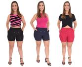 Kit 3 Shorts Curto Feminino Dois Bolsos Elastano Moda Verão