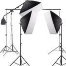 Kit 3 softbox de 1 lâmpada com 3 tripés de 1,9m e 1 Girafa e Suporte de fundo fotográfico