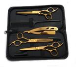 Kit 3 Tesoura Dourada Fio Laser Fio Navalha Desfiadeira + Navalha + Estojo Kit 3 Tesoura Dourada Fio Laser Fio Navalha Desfiadeira + Navalha + Estojo