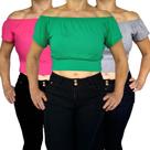Kit 3 Tops Ciganinha Ombro a Ombro Elástico Barra Lisos Cores Sortidas Viscolycra Pp ao Plus Size