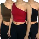 Kit 3 Tops Croppeds Femininos Regata Um Ombro Só Cores Sortidas Malha Crepe PP ao Plus Size