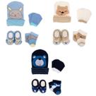 Kit 3 Toucas Meias Luvas e Pantufas Bebê Recém Nascido Menino Saída Maternidade Enxoval
