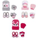 Kit 3 Touquinhas Meias Luvas e Pantufas Bebê Recém-Nascido Menina Enxoval Maternidade
