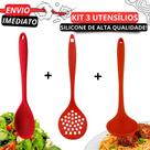 Kit 3 Utensílios de Silicone Vermelhos - Escumadeira Concha e Colher de Servir