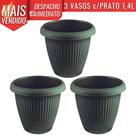 Kit 3 Vasos de Flor Plástico Pequeno c/Prato 1,4 Litros Moderno Decorativo