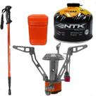 Kit 3pçs Mini Fogareiro Camping + Bastão De Caminhada +refil