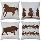 Kit 4 Almofadas Linho Com Couro Boi Cavalaria Cavalo 50x50