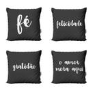 Kit 4 Almofadas Pretas Fé, Gratidão, Felicidade, Amor Para Sofá Sala de Estar Cama 40x40 Novadecora