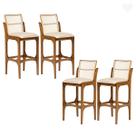 Kit 4 Banquetas Alta para Bancada Lisboa Encosto Rattan Madeira Imbuia Linho Bege M58 RMI