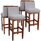 Kit 4 Banquetas Altas 75cm Madeira Maciça Eucalipto Estofada Tecido Linho Encosto Para Bancada Americana Cozinha Gournet Safira