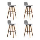 Kit 4 Banquetas Altas Luxo Versatil Aço Preto Linho Cinza Base Carvalho