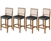 Kit 4 Banquetas Altas Pés Em Madeira Maciça Com Encosto em Rattan e Assento Estofado Conforto, Design Clássico e Elegância para Cozinha ou Balcão