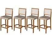 Kit 4 Banquetas Altas Pés Em Madeira Maciça Com Encosto em Rattan e Assento Estofado Conforto, Design Clássico e Elegância para Cozinha ou Balcão