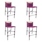 Kit 4 Banquetas Anne em Corda Náutica Base em Alumínio Cinza com Detalhe em Madeira Rosa