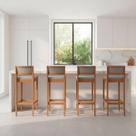 Kit 4 Banquetas Assento Encosto Estofado em Linho Hellen cor:imbuia com palha