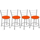 Kit 4 Banquetas Baixas Prata com Encosto Assento Laranja