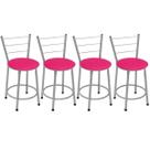 Kit 4 Banquetas Baixas Prata com Encosto Assento Rosa