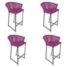 Kit 4 Banquetas Reis em Corda Náutica e Base em Alumínio Cinza para Área Gourmet - Externa Rosa