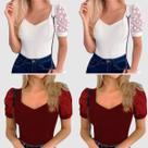 Kit 4 Body Blusa Feminina Manga Curta Bufante Tule Poa Luxo Lançamento dias Das Mães 2025