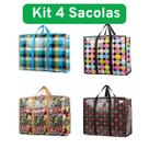 Kit 4 Bolsas Sacola 60x45cm Multiuso com Zíper Viagem, Mudança, Feira, Organização Sacolão