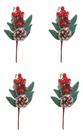 Kit 4 Buquê Flor Natal Cerejinha Pinha 22cm Neve Folhagem