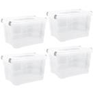 Kit 4 Caixas Organizadoras 45 Litros Plástica c/ Tampa Travas Laterais Multiuso Transparente p/ Roupas Brinquedos Utilidades