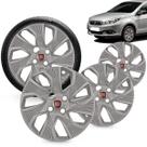 Kit 4 Calotas Grand Siena 2014 2015 Aro 15 Prata Cubo Padrão Grid + Adesivo Resinado 48Mm Fiat Vermelho (4 Pc)