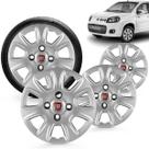 Kit 4 Calotas Uno Vivace 2011 2012 2013 Aro 13 Prata Cubo Baixo Grid + Adesivo Resinado 48Mm Fiat Vermelho (4 Pc)
