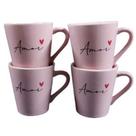 Kit 4 Canecas Porcelana Rosa Personalizada Amor Xicara Servir Café Chá Leite