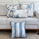 Kit 4 Capas Almofadas Linhão Branco Coqueiros, Listras e Ikat Geométrica Azul