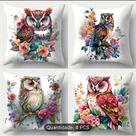 Kit 4 Capas de Almofada 40x40 Coruja Sublimada Micropercal Estampada Decorativa Macia