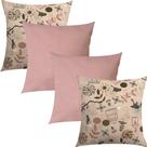 Kit 4 Capas de Almofada Pássaros Rosa e Rosê Liso 45x45cm