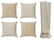 Kit 4 Capas De Almofadas 70x70 Grandes Bege Cru + Manta Para Sofá Luxo