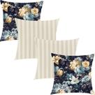 Kit 4 Capas de Almofadas Composê Floral Azul Marinho com Listrado Cinza 45xc45cm Kit 4 Capas de Almofadas Composê Floral Azul Marinho com Listrado Cinza 45xc45cm