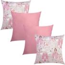 Kit 4 Capas de Almofadas Composê Princesas e Cetim Rosa 45cmx45cm Kit 4 Capas de Almofadas Composê Princesas e Cetim Rosa 45cmx45cm