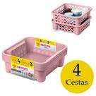 Kit 4 Cestinhas organizadora rosa infantil empilhável quarto gaveta guarda roupa armário Sanremo