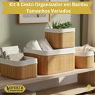 Kit 4 Cestos Bambu Conjunto com Tecido Forro Algodão Cesto Organizador Multiuso Amadeirado Premium