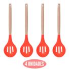 Kit 4 Colher Silicone Vazada Vermelho Cabo Bambu Não Arranha