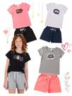 Kit 4 Conjuntos Infantil Juvenil Menina Verão Blusa com Manga em Cotton e Shorts em Moletinho com Elástico