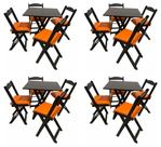 KIT 4 Conjuntos Mesa Dobrável 70x70 Com 4 mesas e 16 Cadeiras preto com estofado LARANJA kit bar restaurante